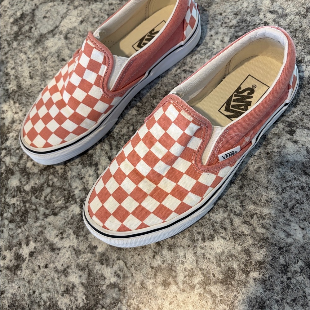 Vans Pink and White Checkerboard Slip-On Sneakers